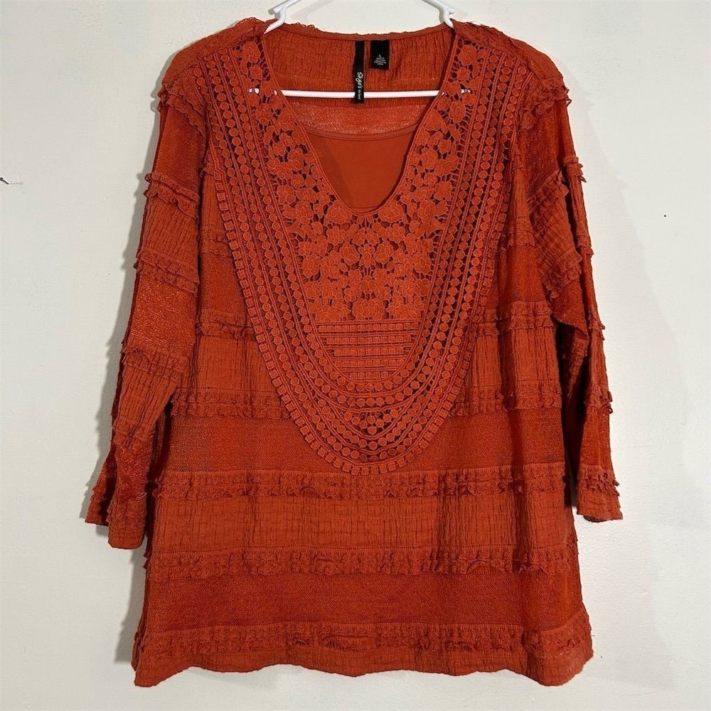 Sky'es the limit  Women's Burnt Orange Lace‎ Long Sleeve Top Size L